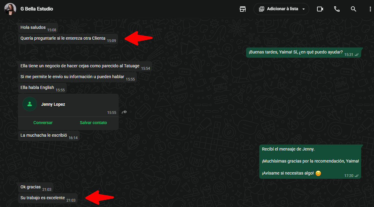 Mensagem de Yaima indicando Sillas Neto para outro salão e afirmando que seu trabalho é excelente